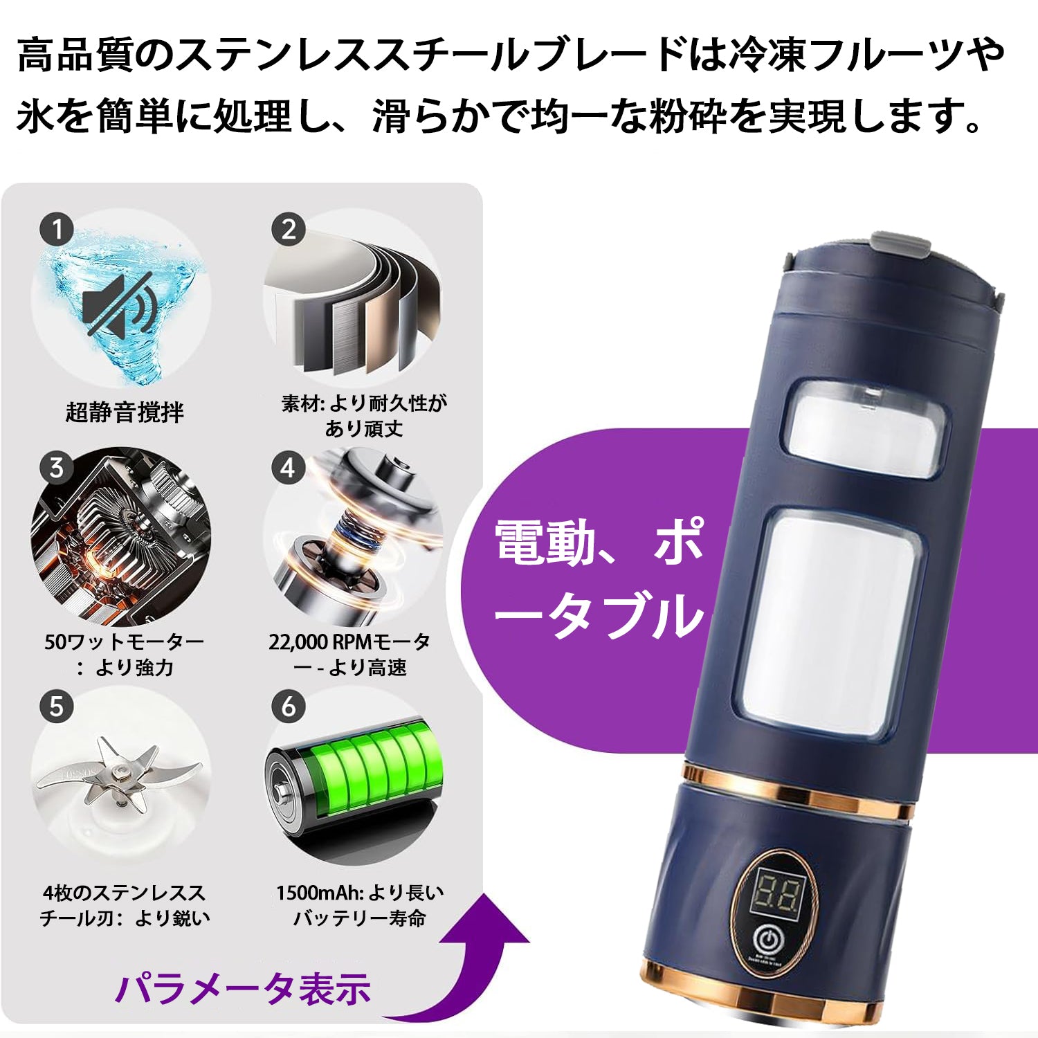 スムージーやジュースを作るのに最適なポータブル電動ブレンダーカップ。